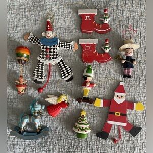 DARLING SET OF 15 VINTAGE MOVEABLE WOODEN & CERAMIC CHRISTMAS ORNAMENTS